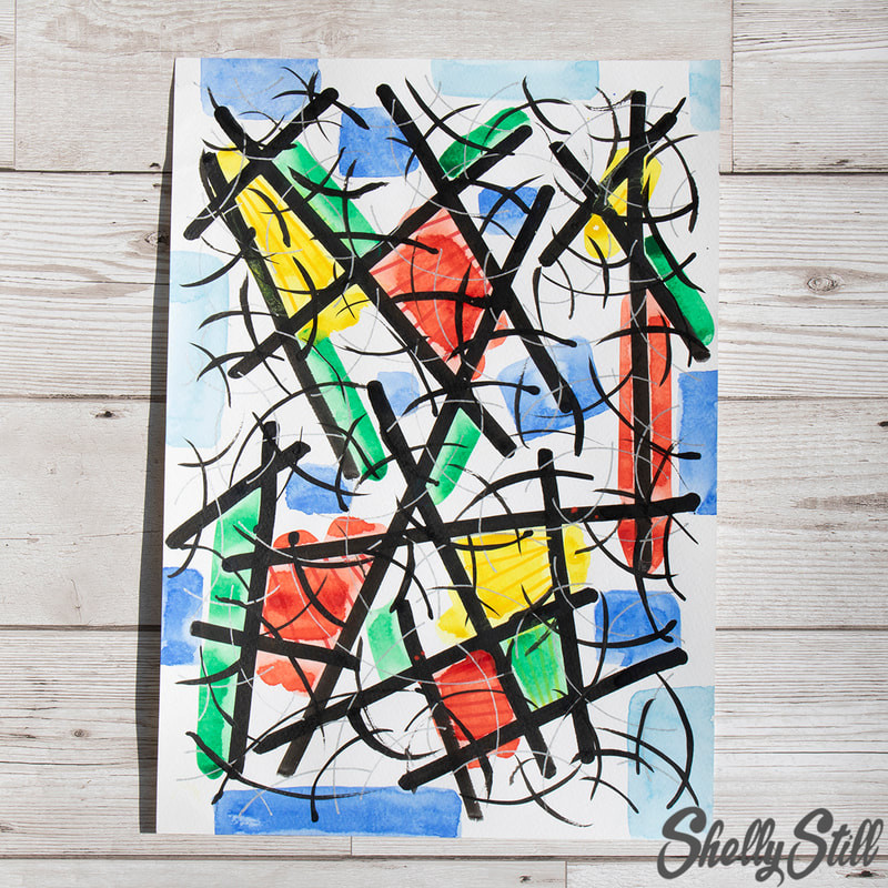 Watercolour and Ink Abstract Art Line Squares For Sale Shelly Still Artist